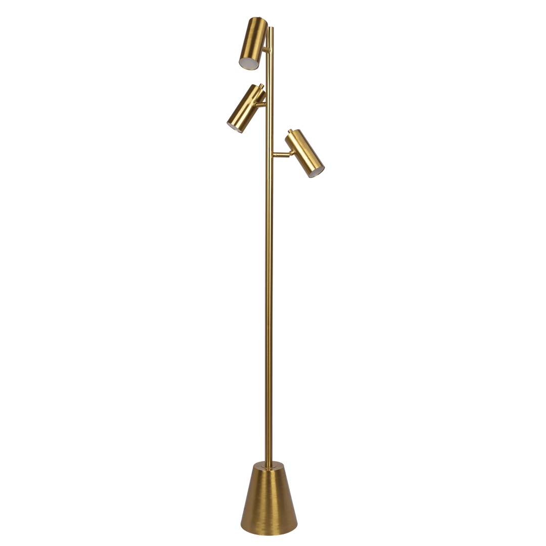 Lumina Brassed Gold Floor Lamp with Rotary Switch Triple Spots Metal Cone Base