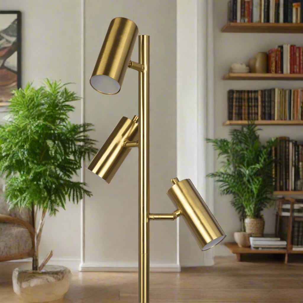 Lumina Brass Gold Floor Lamp with Rotary Switch Triple Spots Metal Cone Base Zoomed In.