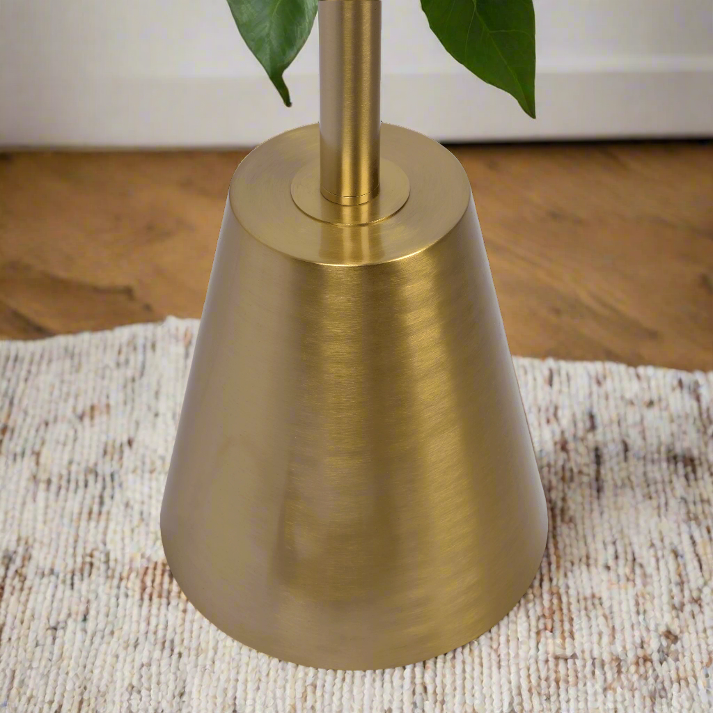 Lumina Brass Gold Floor Lamp with Rotary Switch Triple Spots Metal Cone Base Zoomed in Base.