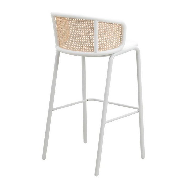 LeisureMod Ervilla Mid-Century Modern Wicker Bar Stool with Fabric Seat and White Powder Coated Steel Frame for Kitchen and Dining Room in White Back View.
