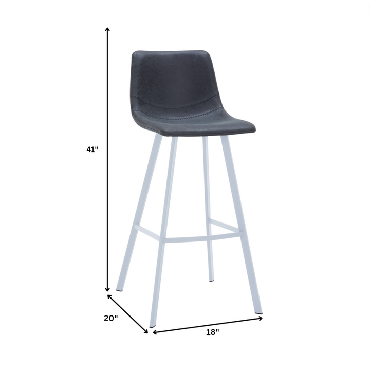 Gray bar stool with white legs and dimensions on a white background.