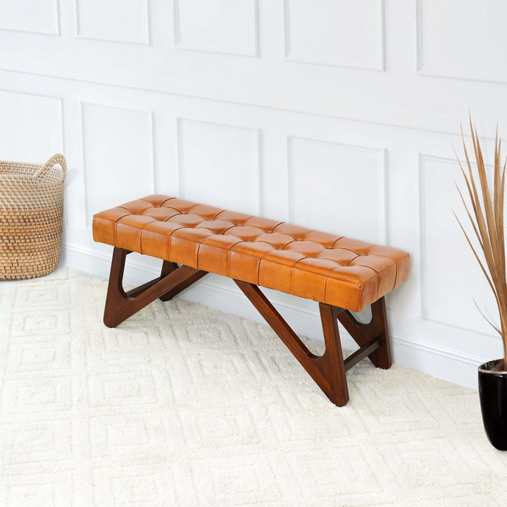 Mia Tan Leather Bench with Buttons Photo.