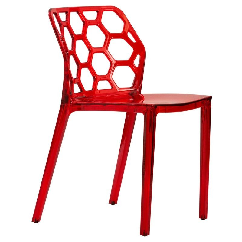LeisureMod Modern Dynamic Dining Chair Transparent Red Side View.