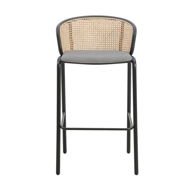 LeisureMod Ervilla Mid-Century Modern Wicker Bar Stool with Fabric Seat and Black Powder Coated Steel Frame for Kitchen and Dining Room in Grey Front View.