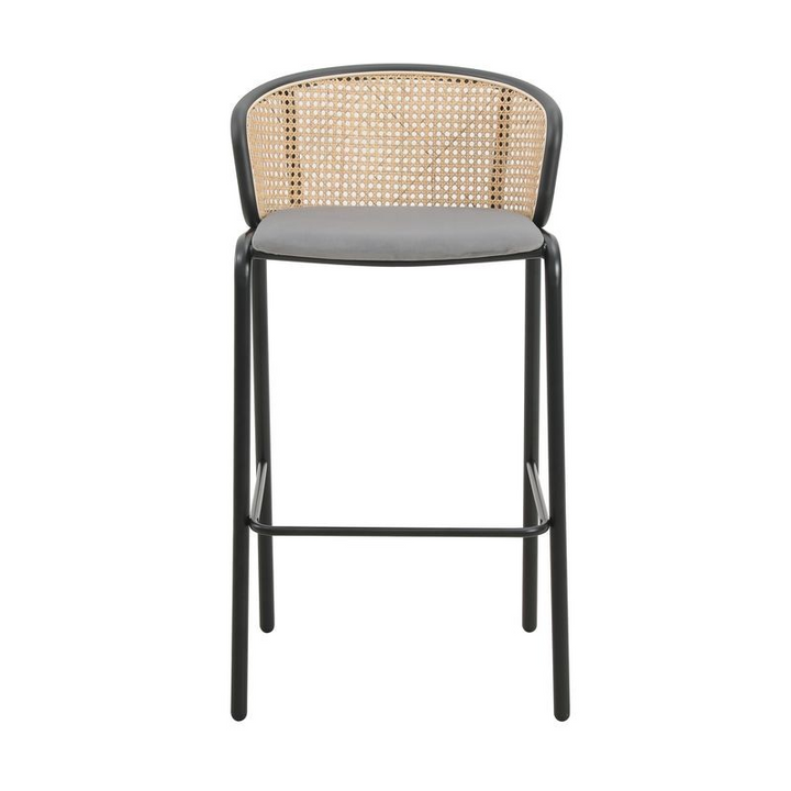 LeisureMod Ervilla Mid-Century Modern Wicker Bar Stool with Fabric Seat and Black Powder Coated Steel Frame for Kitchen and Dining Room in Grey Front View.