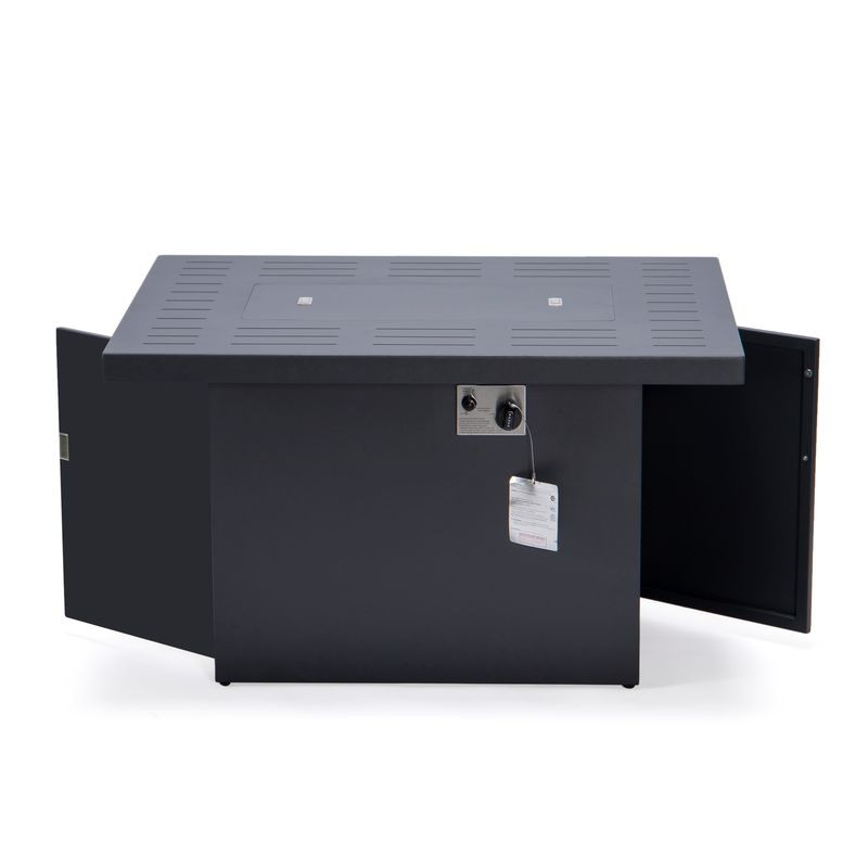 LeisureMod Chelsea Patio Modern Aluminum Propane Fire Pit Table Black Open Drawers.
