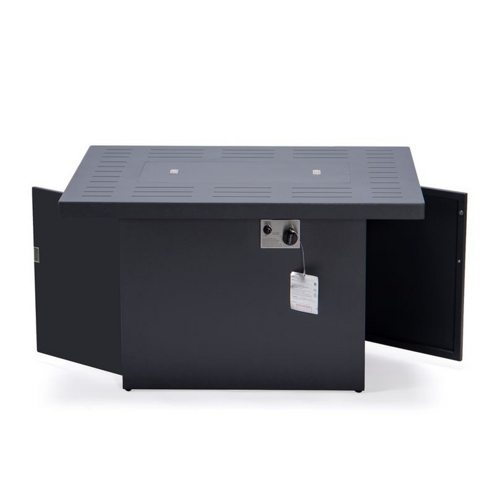 LeisureMod Chelsea Patio Modern Aluminum Propane Fire Pit Table Black Open Drawers.