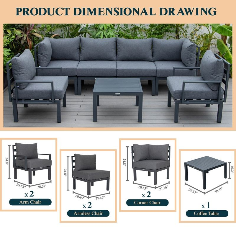 LeisureMod Chelsea 7-Piece Patio Sectional and Coffee Table Set Black Aluminum with Cushions Black Description.