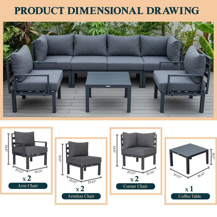 LeisureMod Chelsea 7-Piece Patio Sectional and Coffee Table Set Black Aluminum with Cushions Black Description.