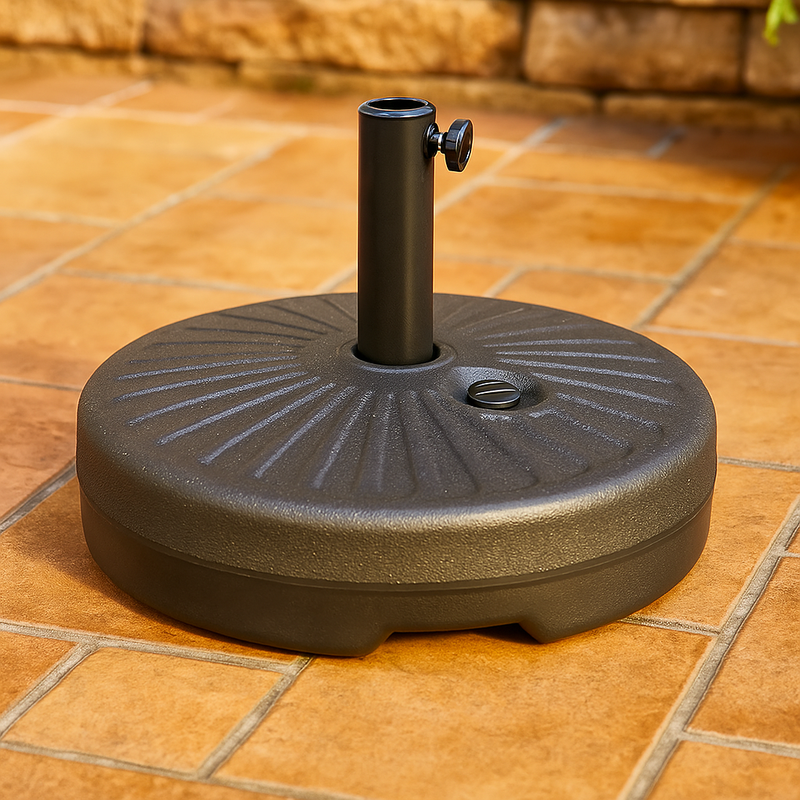 LeisureMod Bovilar Modern Outdoor Patio 20" Round Fillable Free Standing Umbrella Base Black Outside.