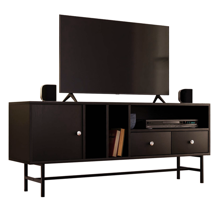 LeisureMod Rochester Modern Rectangular TV Stand with Enclosed Storage and Powder Coated Iron Legs Ebony