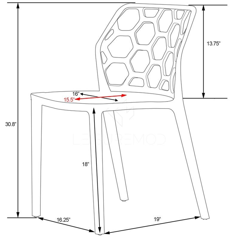 LeisureMod Modern Dynamic Dining Chair Transparent Red Dimensions.