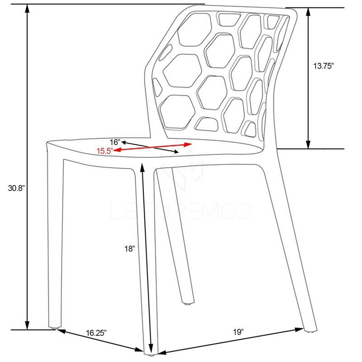 LeisureMod Modern Dynamic Dining Chair Transparent Red Dimensions.