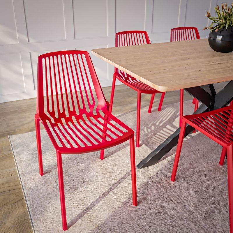 LeisureMod Acken Plastic Stackable Dining Chair Red in Dining Room.
