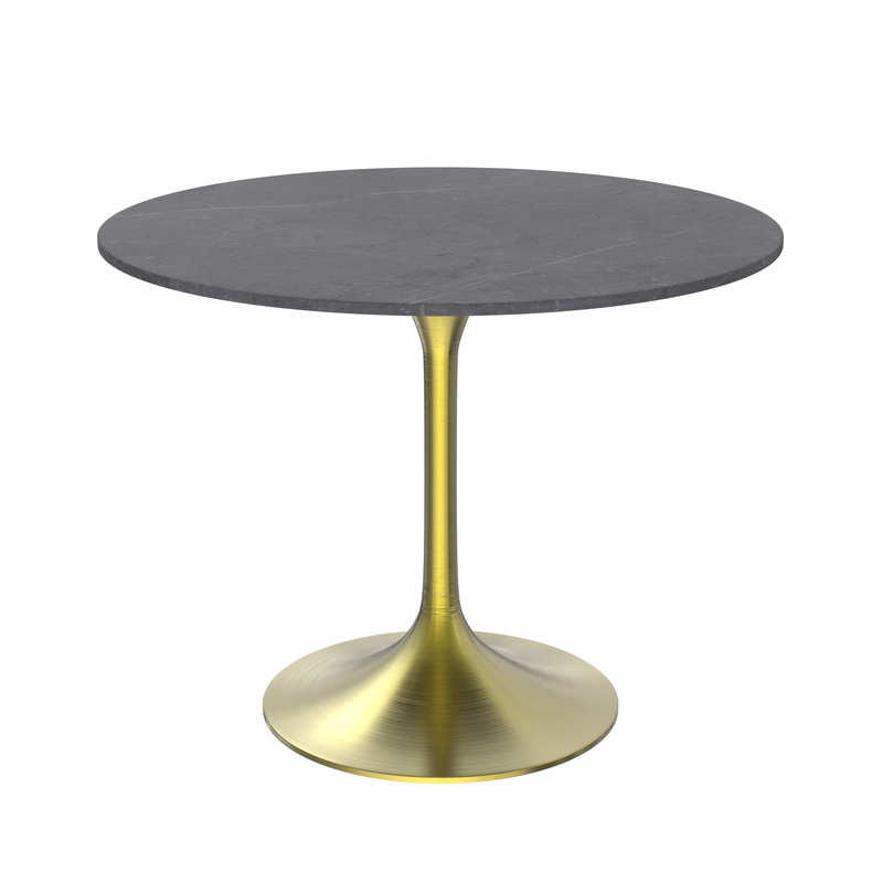 LeisureMod Verve Collection 36 Round Dining Table, Brushed Gold Base with Sintered Stone Grey Top