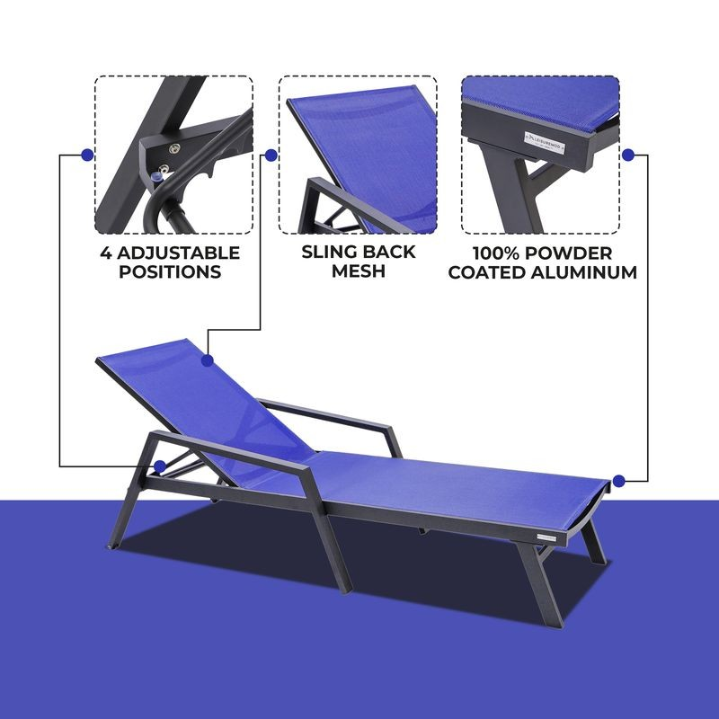 LeisureMod Marlin Patio Chaise Lounge Chair with Armrests in Black Aluminum Frame Navy Blue Details.