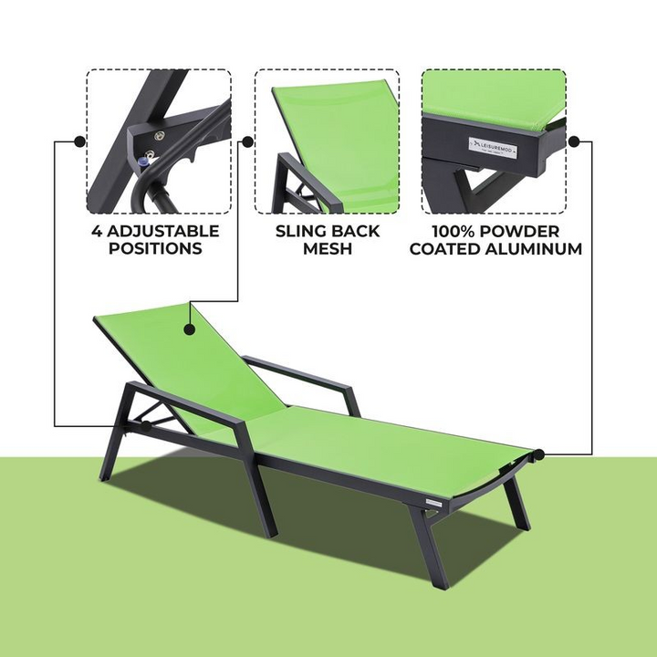 LeisureMod Marlin Patio Chaise Lounge Chair with Armrests in Black Aluminum Frame Green Details.