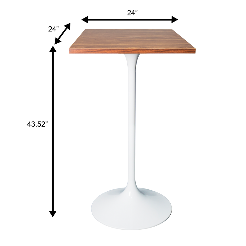 LeisureMod Verve Collection 24 Square Top Bar Height Table, White Base with Dark Maple MDF Top Dimensions.