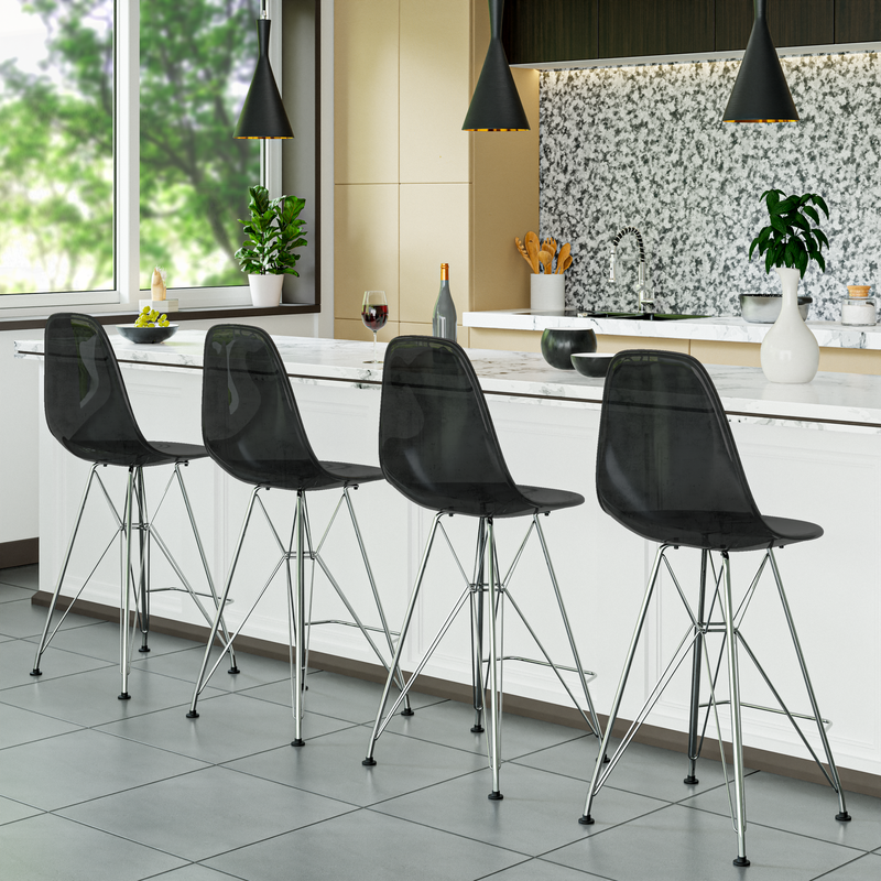 LeisureMod Cresco Modern Acrylic Barstool with Chrome Base and Footrest in Transparent Black at Bar.