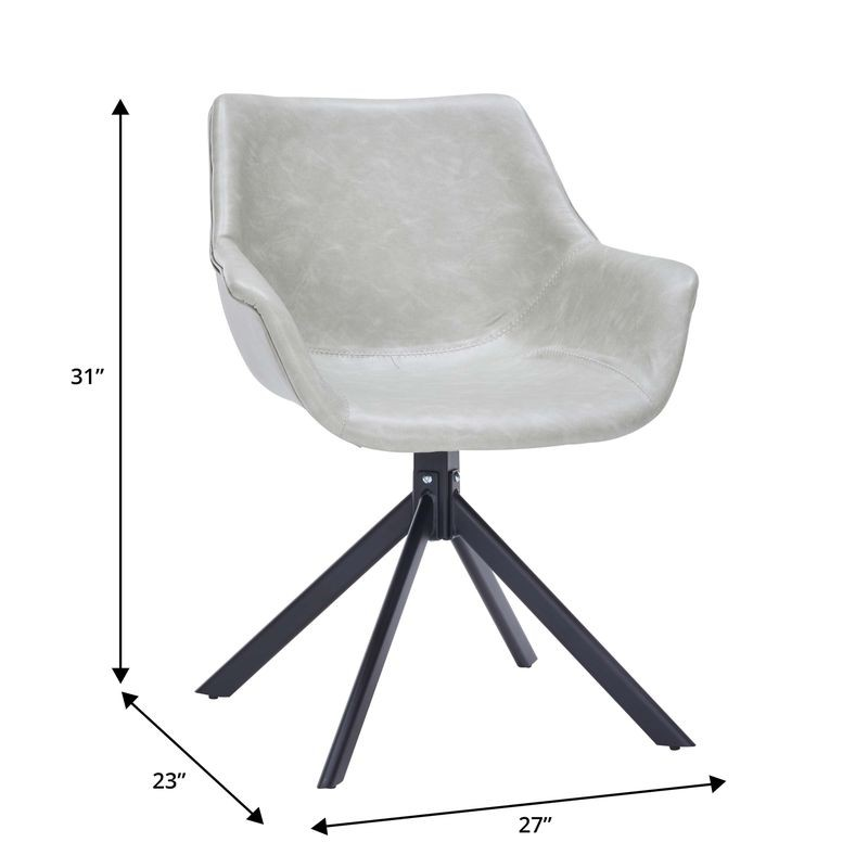 Gray chair with black metal legs and dimensions on a white background.