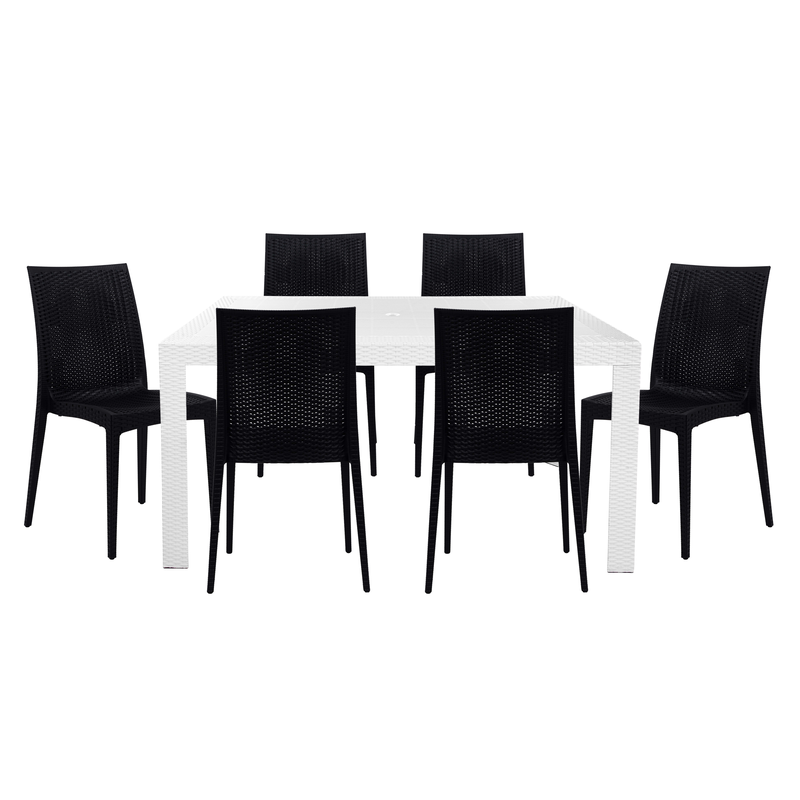 LeisureMod Mace 7-Piece Outdoor Dining Set with Rectangular Table and Stackable Chairs White/Black without Background.