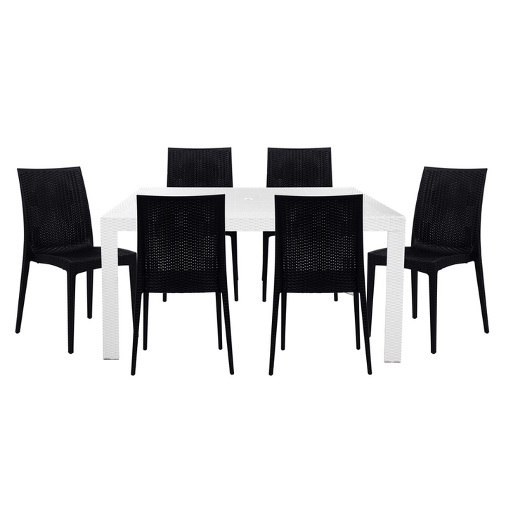 LeisureMod Mace 7-Piece Outdoor Dining Set with Rectangular Table and Stackable Chairs White/Black without Background.