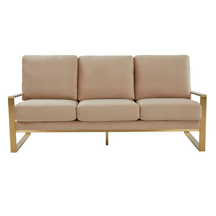 LeisureMod Jefferson Contemporary Modern Design Velvet Sofa with Gold Frame Beige Front View.