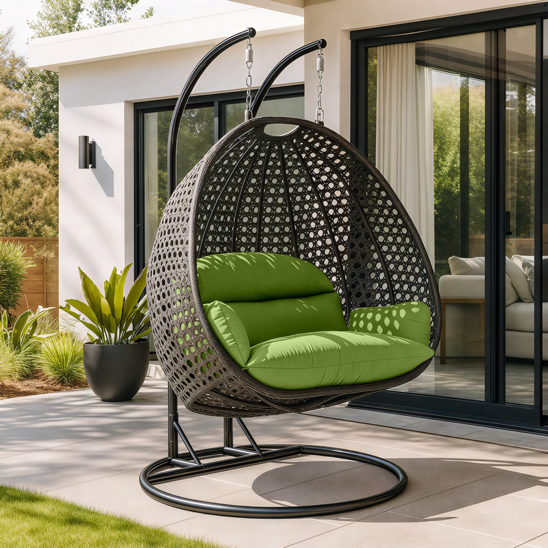 LeisureMod Charcoal Wicker Hanging 2 person Egg Swing Chair Light Green