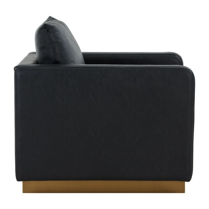 LeisureMod Nervo Faux Leather Accent Armchair with Gold Frame Black Side View.