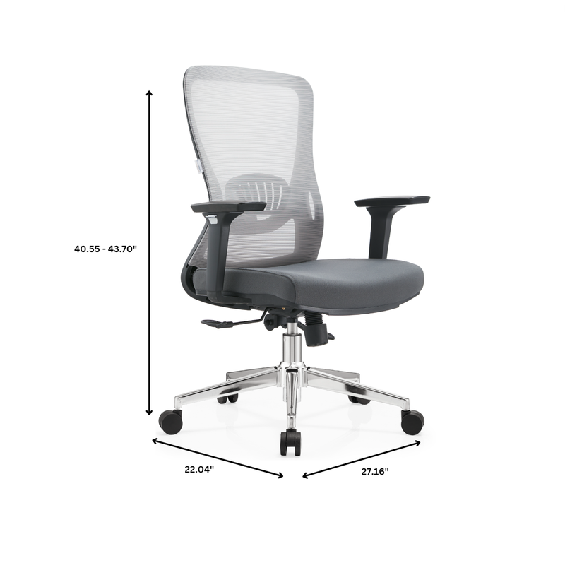 Gray office chair with dimensions indicated on a white background.