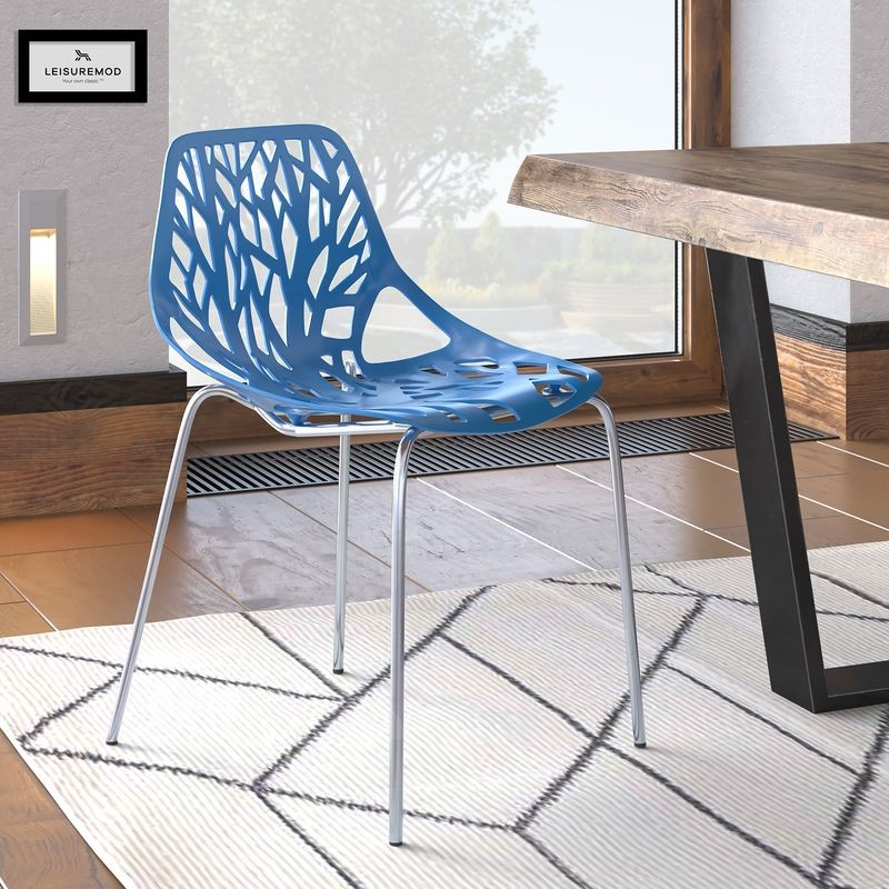 LeisureMod Modern Asbury Dining Chair w/ Chromed Legs Blue with Background.