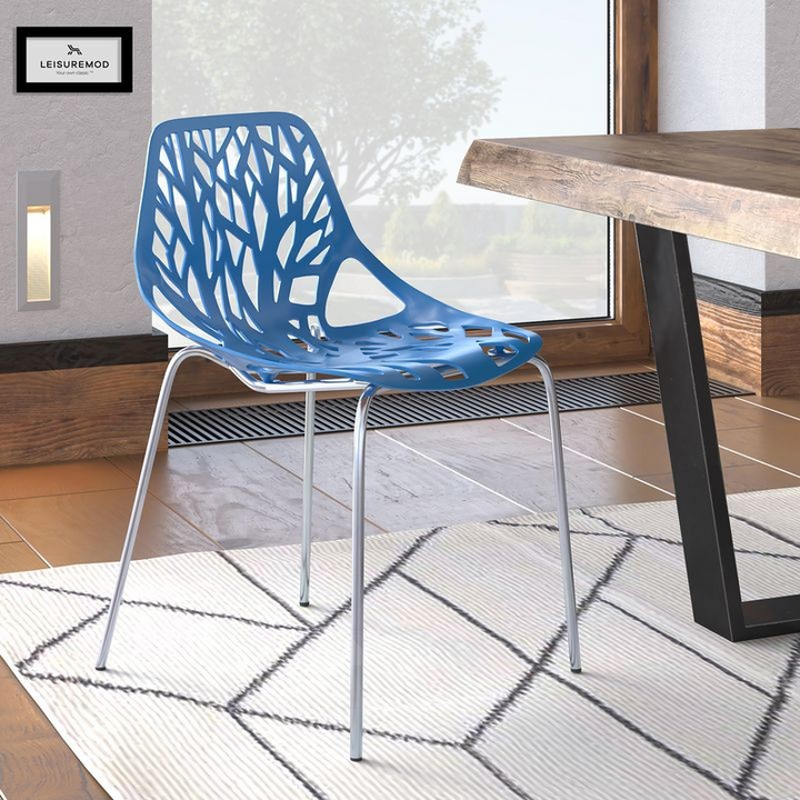 LeisureMod Modern Asbury Dining Chair w/ Chromed Legs Blue with Background.
