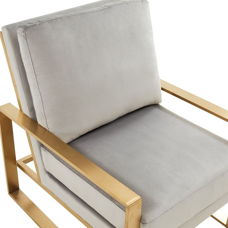LeisureMod Jefferson Velvet Design Accent Armchair with Gold Brass Finish Frame Light Gray Zoomed In