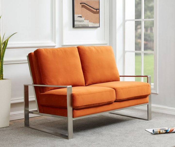 Leisuremod Jefferson Contemporary Modern Velvet Loveseat with Silver Frame Orange with Background.