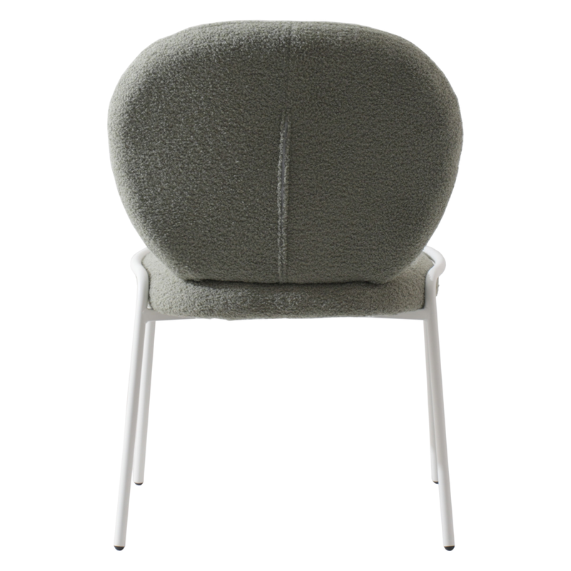 LeisureMod Mid-Century Modern Boucle Dining Chair with White Frame, Green Back View.