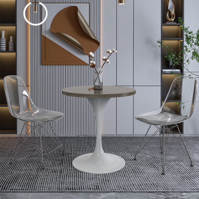 LeisureMod Verve Collection 27 Round Dining Table, White Base with Dark Maple MDF Top with Chairs.