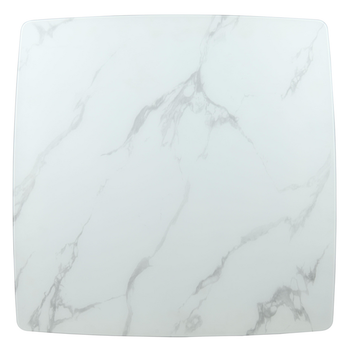 LeisureMod 5-Piece Dining Set with Square Dining Table White Sintered Stone Top and 4 Leather Dining Chairs in Dark Walnut/Light Taupe Closeup Countertop.