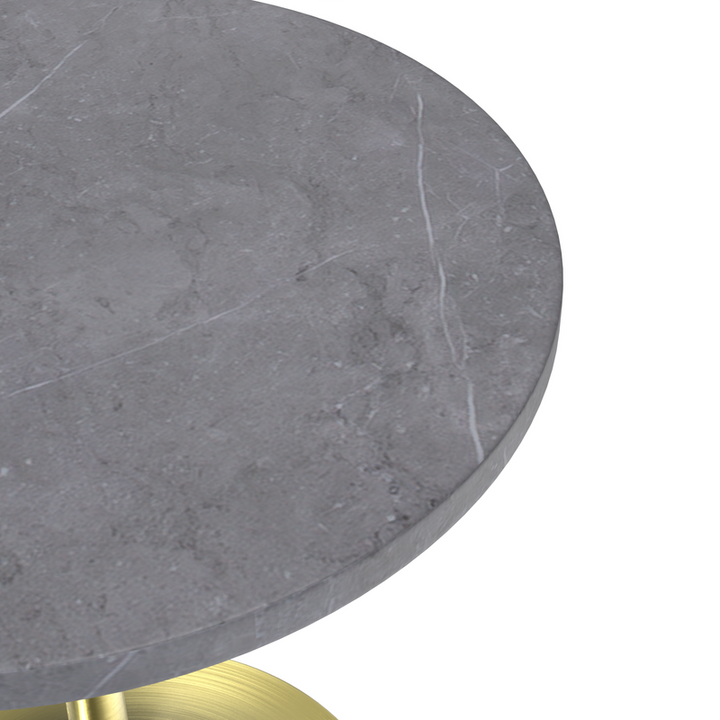 LeisureMod Verve Collection 27 Round Dining Table, Brushed Gold Base with Sintered Stone Grey Top View.