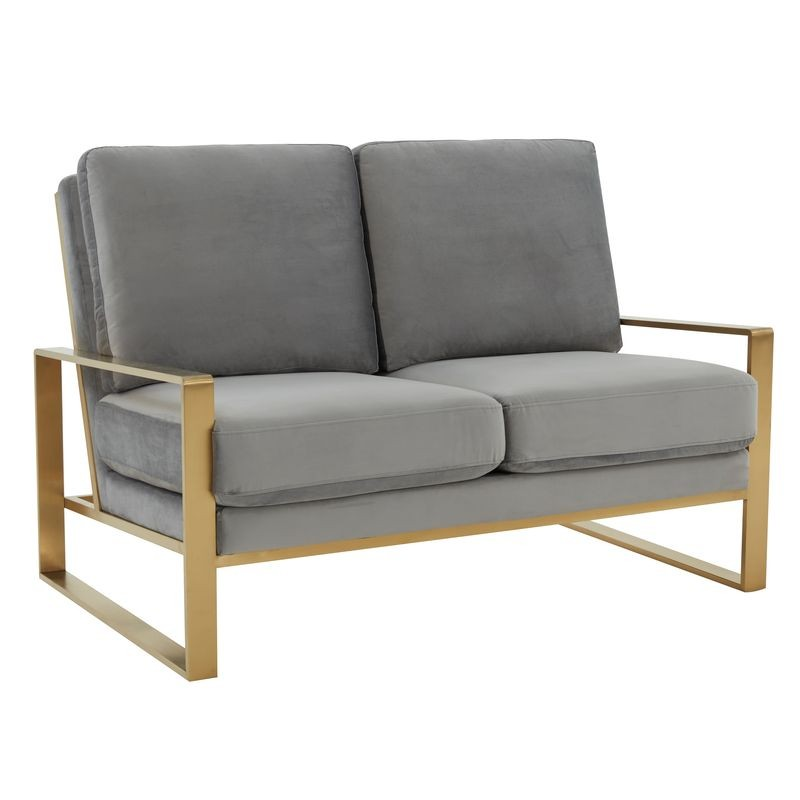 Leisuremod Jefferson Contemporary Modern Velvet Loveseat with Gold Frame Light Grey