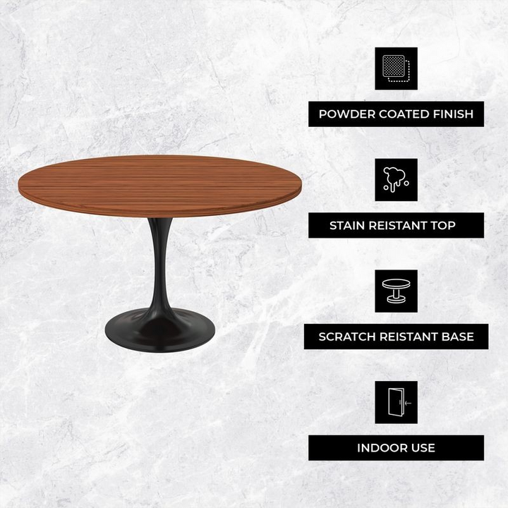 LeisureMod Verve Collection 48 Round Dining Table, Black Base with Cognac Brown MDF Top Description.