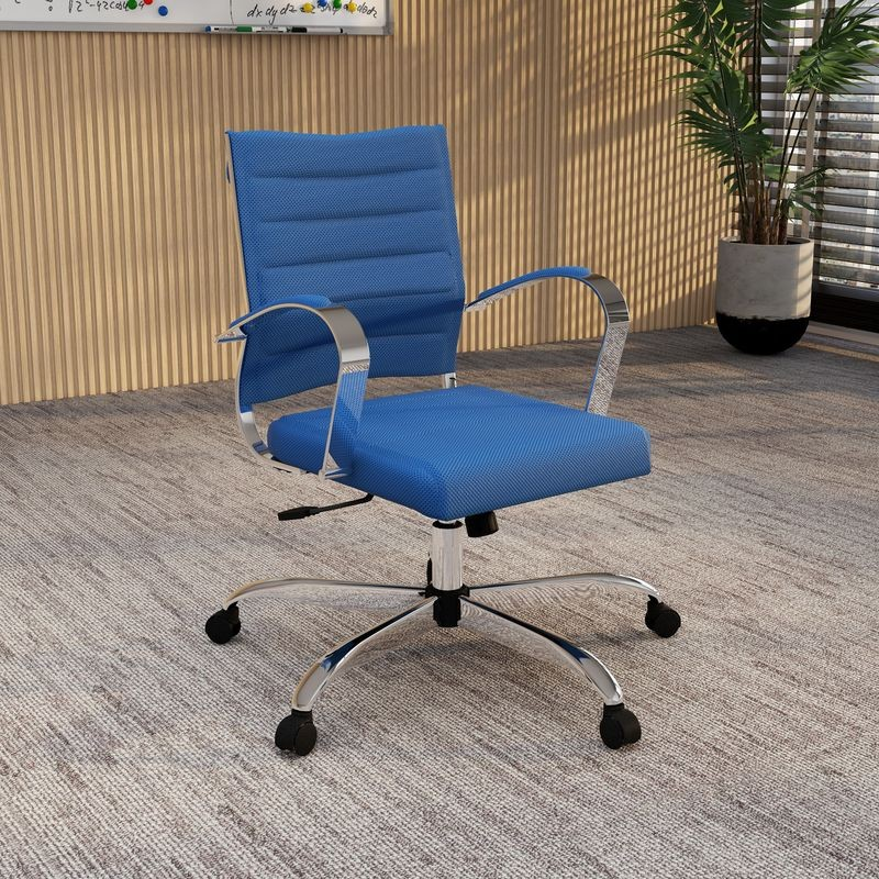LeisureMod Benmar Home Mesh Office Chair in Navy Blue in Room.