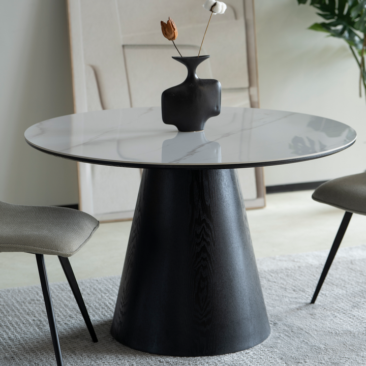 LeisureMod Riven Collection Modern Wooden 48" Round Dining Table in Black Closeup.