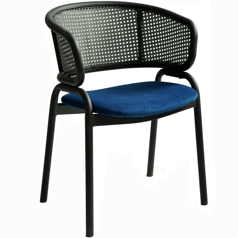 LeisureMod Ervilla Dining Armchair in Black Steel Frame with Black Wicker Back and Navy Blue Seat