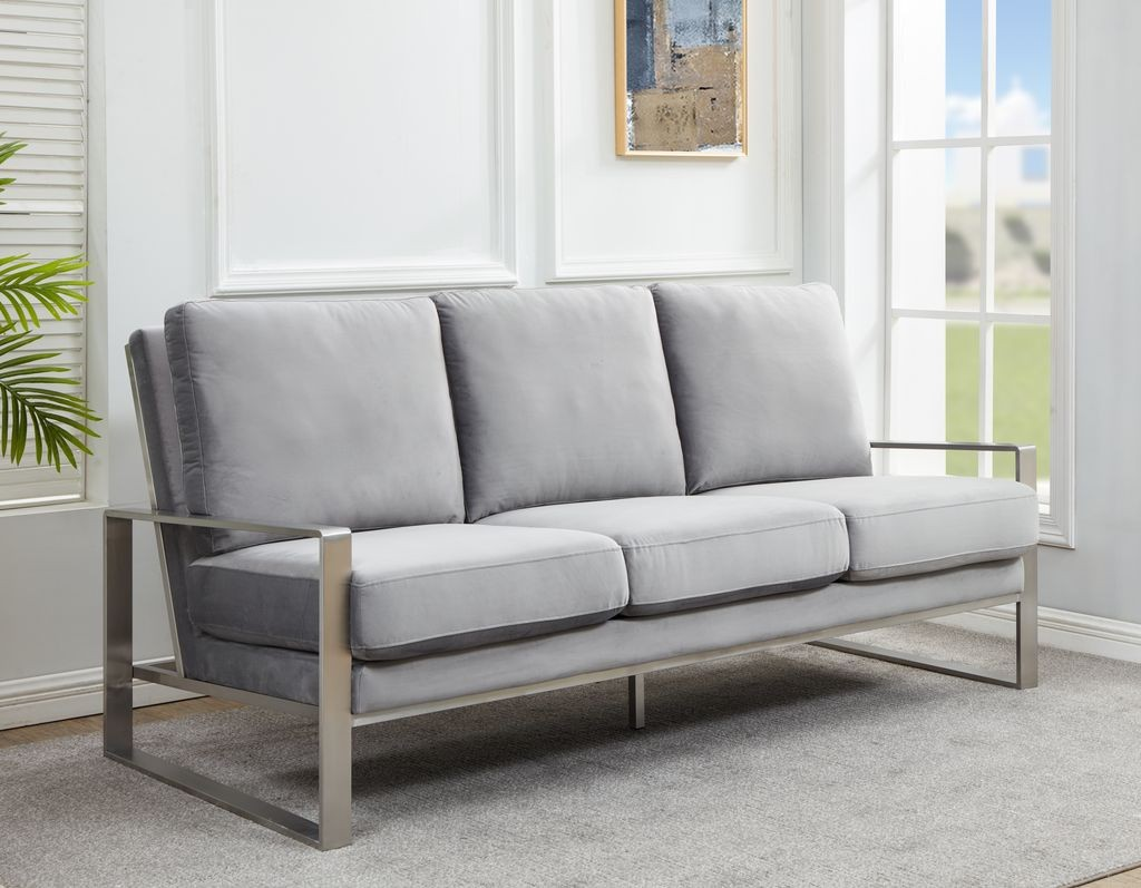 LeisureMod Jefferson Contemporary Modern Design Velvet Sofa with Silver Frame Light Grey with Background.