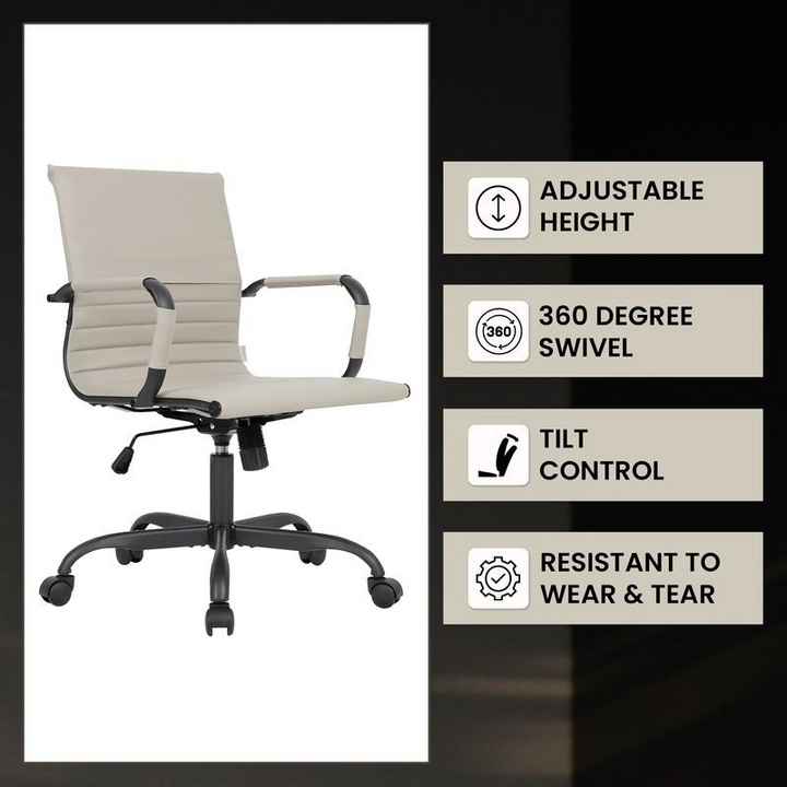 Beige office chair with features listed on a dark background.