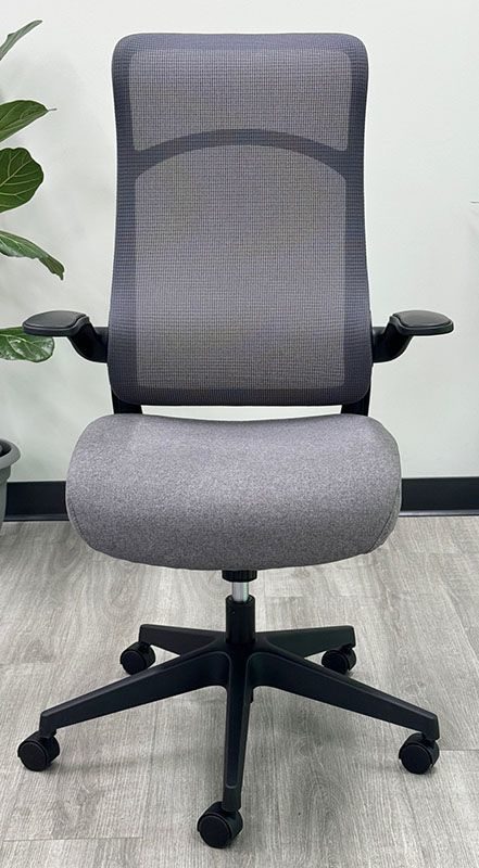 Mesh High Back Desk Chair with Flip Up Arms and Cloth Seat Gray Front