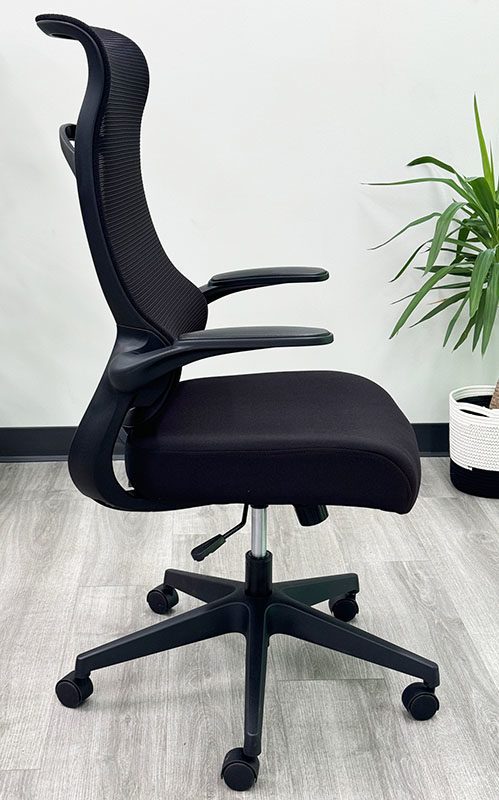 Mesh High Back Desk Chair with Flip Up Arms and Cloth Seat Black Side