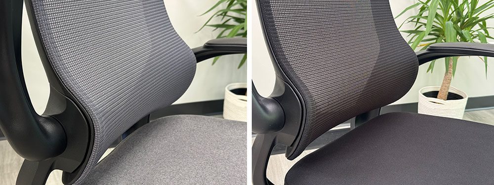 Mesh High Back Desk Chair with Flip Up Arms and Cloth Seat Closeup