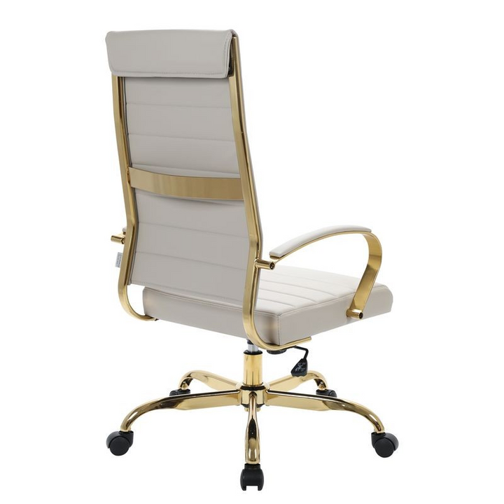 LeisureMod Benmar High-Back Leather Office Chair with Gold Frame Tan Back Photo.