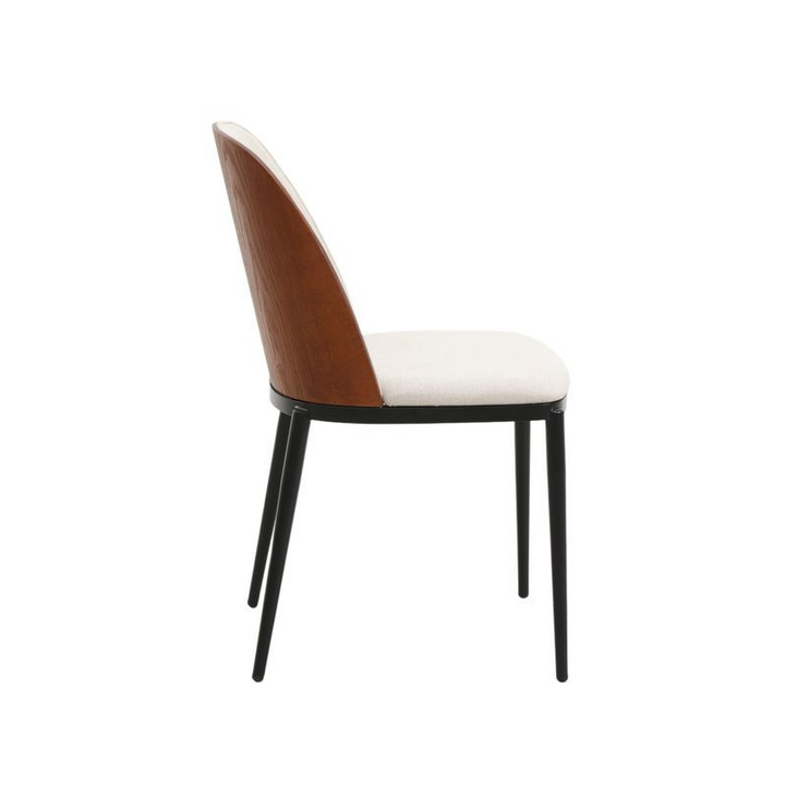 LeisureMod Tule Mid-Century Modern Fabric Dining Side Chair with Powder-Coated Steel Frame Walnut/Beige Side View.